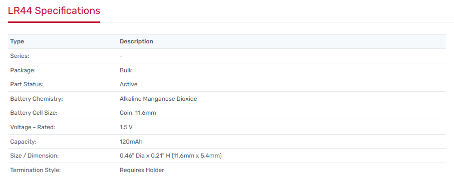 LR44 Specifications